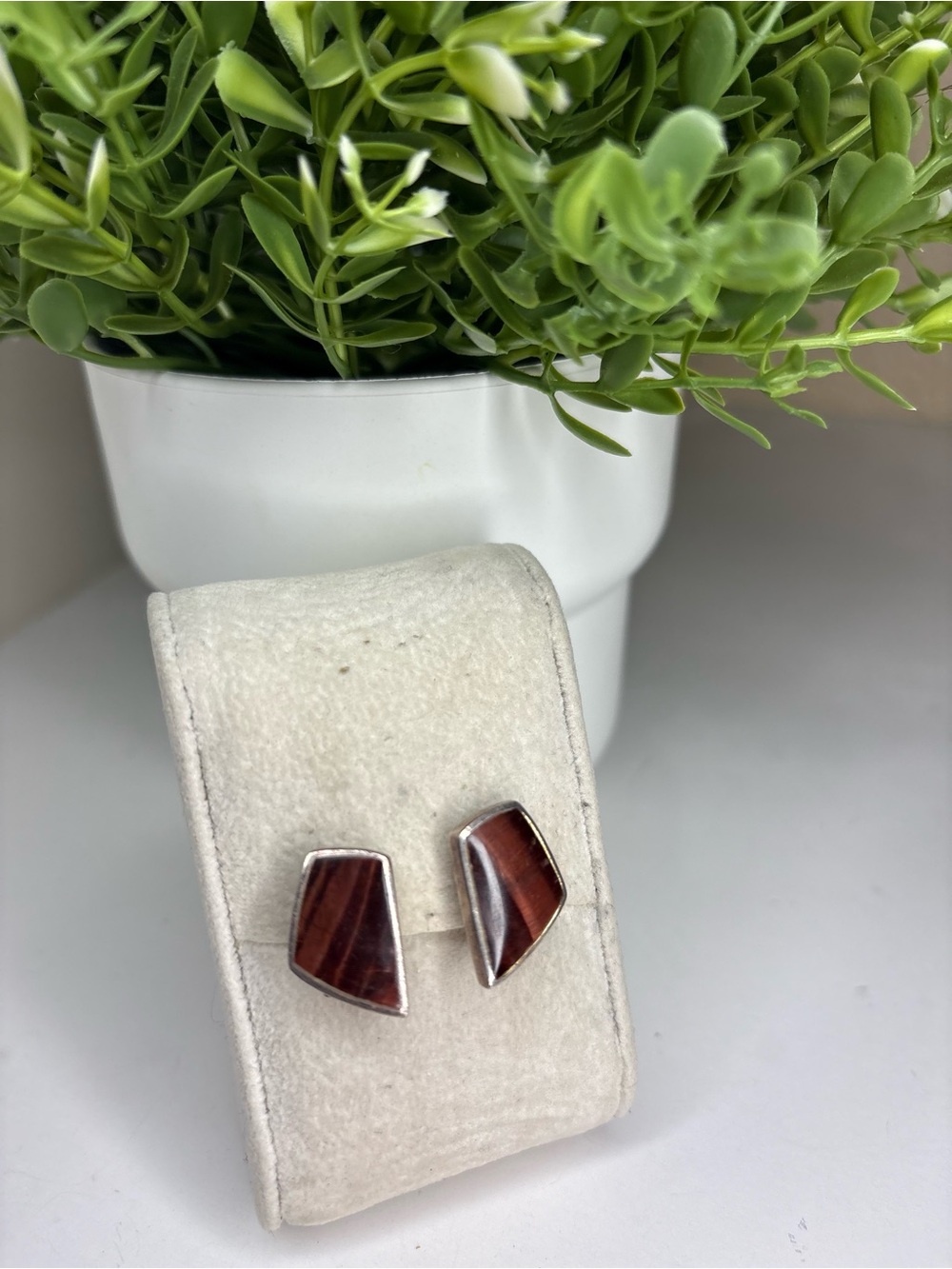 Vintage 925 Sterling Red Tiger Eye Clip Earrings Artisan Modernist Jewelry